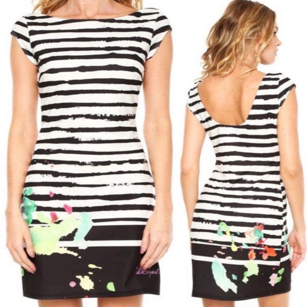 Desigual Shift Dress Rayas Print Size Large Art To Wear Stripes Boho Floral Mini